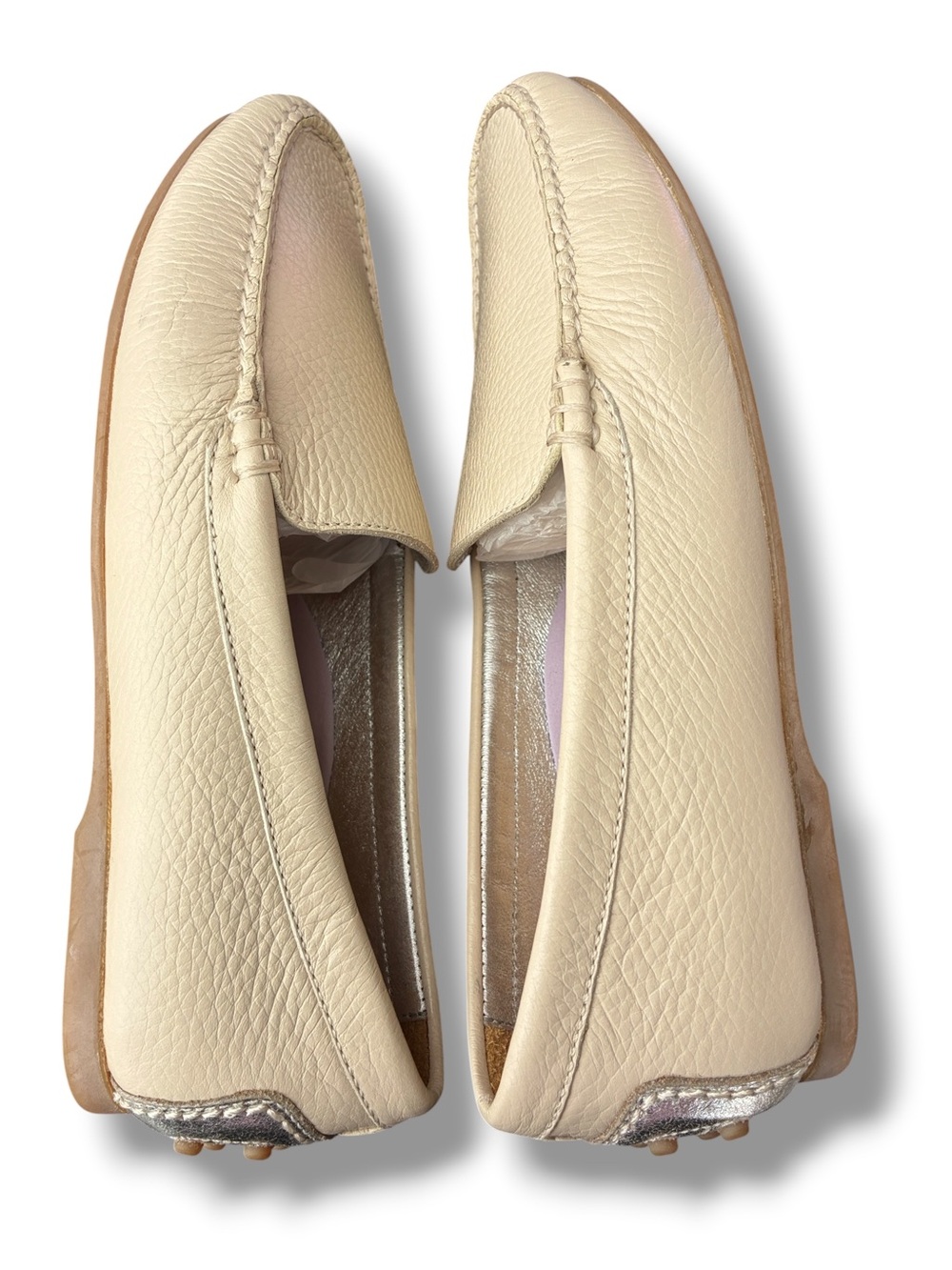 Peter Millar cream/ silver pebbled leather driving moccasins. New. Sz 6 - Picture 10 of 15